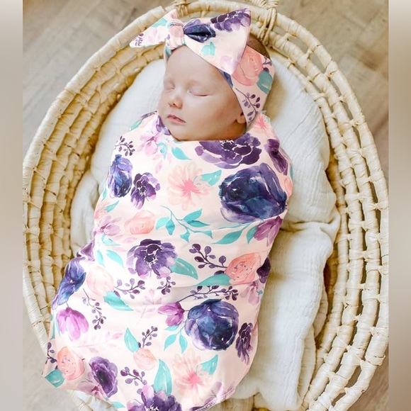 Newborn Baby Swaddle Blanket Beanie hat and headband set - Picture 4 of 10